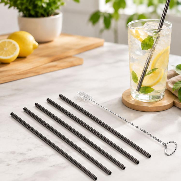 Kit di cannucce dritte riutilizzabili in acciaio inossidabile da 5 pezzi + kit di spazzole per la pulizia, 266 * 6 mm, 266*6mm (Straight)