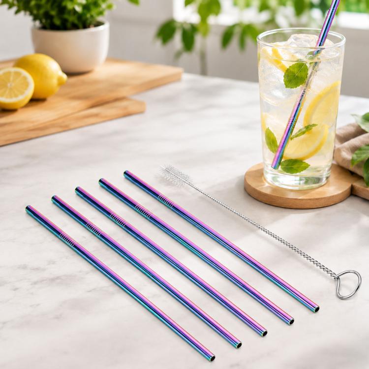 Kit di cannucce dritte riutilizzabili in acciaio inossidabile da 5 pezzi + kit di spazzole per la pulizia, 266 * 6 mm, 266*6mm (Straight)