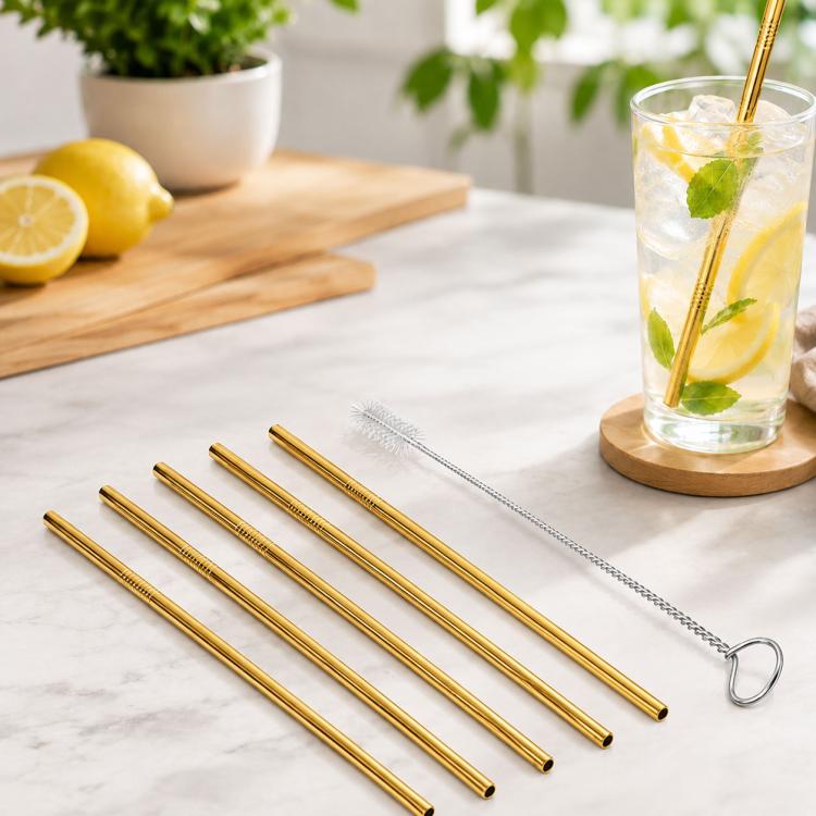 Kit di cannucce dritte riutilizzabili in acciaio inossidabile da 5 pezzi + kit di spazzole per la pulizia, 266 * 6 mm, 266*6mm (Straight)