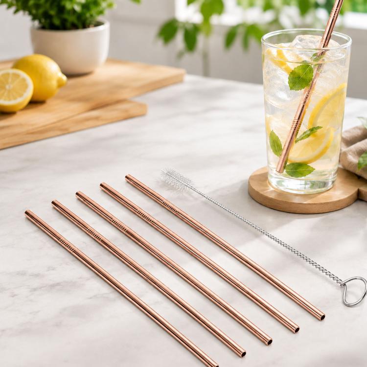 Kit di cannucce dritte riutilizzabili in acciaio inossidabile da 5 pezzi + kit di spazzole per la pulizia, 266 * 6 mm, 266*6mm (Straight)
