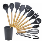 kn020 Utensile da cucina cucchiaio spatola antiaderente in silicone con manico in legno 11 in 1 + set di secchi, 11 in 1 with Bucket