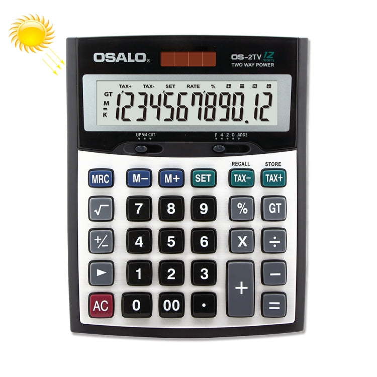 OSALO OS-2TV Calcolatore da tavolo a 12 cifre dell'aliquota fiscale Calcolatore a doppia alimentazione a energia solare, OS-2TV