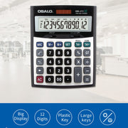 OSALO OS-2TV Calcolatore da tavolo a 12 cifre dell'aliquota fiscale Calcolatore a doppia alimentazione a energia solare, OS-2TV