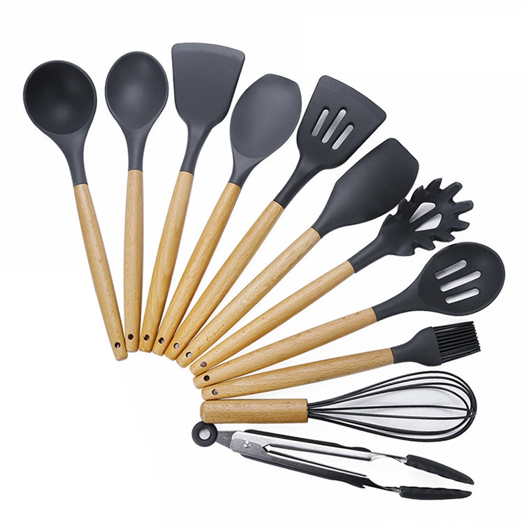 kn020 Set di utensili da cucina con cucchiaio spatola antiaderente in silicone 11 in 1 con manico in legno, 11 in 1