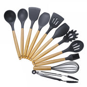 kn020 Set di utensili da cucina con cucchiaio spatola antiaderente in silicone 11 in 1 con manico in legno, 11 in 1