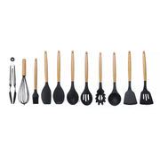 kn020 Set di utensili da cucina con cucchiaio spatola antiaderente in silicone 11 in 1 con manico in legno, 11 in 1