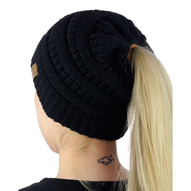 Cappello da lavoro a maglia con cappuccio a coda di cavallo con lettera CC per donna, Black, Grey, Magenta, Black+Grey, Red, Baby Blue, White, Wine Red, Brown