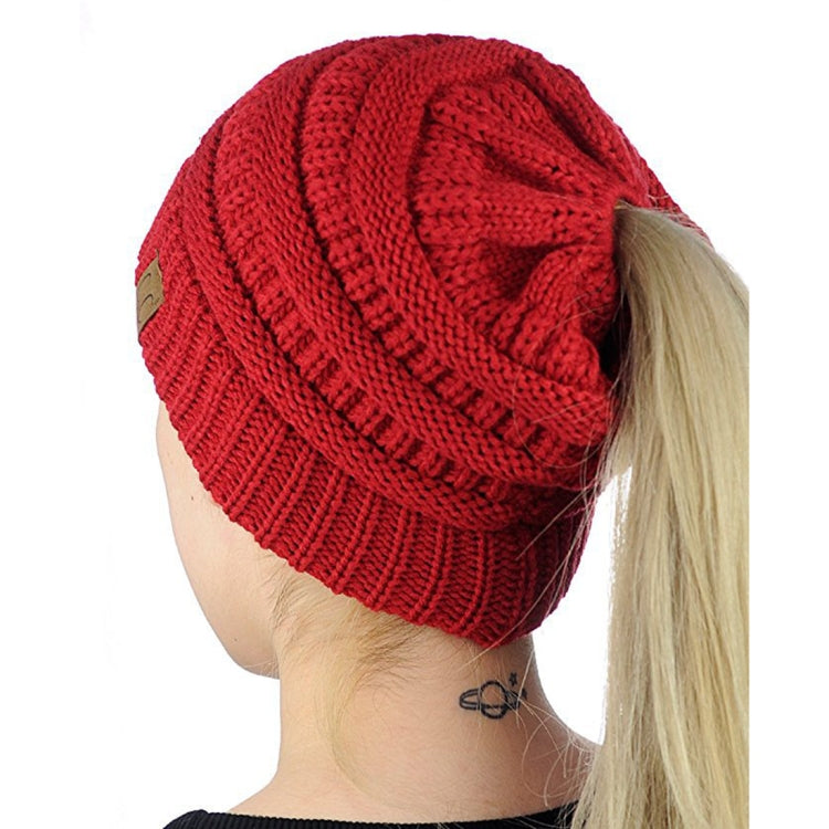 Cappello da lavoro a maglia con cappuccio a coda di cavallo con lettera CC per donna, Black, Grey, Magenta, Black+Grey, Red, Baby Blue, White, Wine Red, Brown