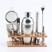 Set di strumenti per shaker per cocktail 11 in 1 in acciaio inossidabile con supporto in legno, capacità: 350 ml, 350ml
