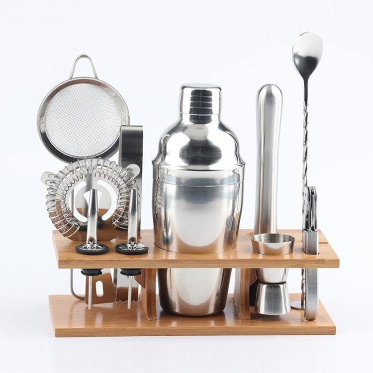 Set di strumenti per shaker per cocktail 11 in 1 in acciaio inossidabile con supporto in legno, capacità: 550 ml, 550ml