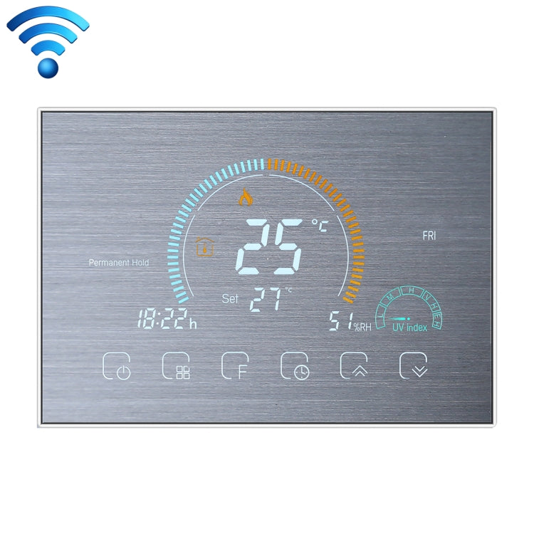 BHT-8000-GCLW-SS Brushed Stainless Steel Mirror Water/Gas Boiler Heating Control Energy Saving and Environmentally Friendly Smart Home Negative Display LCD Screen Round Room Thermostat with WiFi, with WiFi