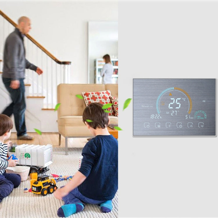 BHT-8000-GCLW-SS Specchio in acciaio inossidabile spazzolato Controllo del riscaldamento della caldaia ad acqua/gas Risparmio energetico e rispetto dell'ambiente Smart Home Display negativo Schermo LCD Termostato ambiente rotondo con WiFi, with WiFi