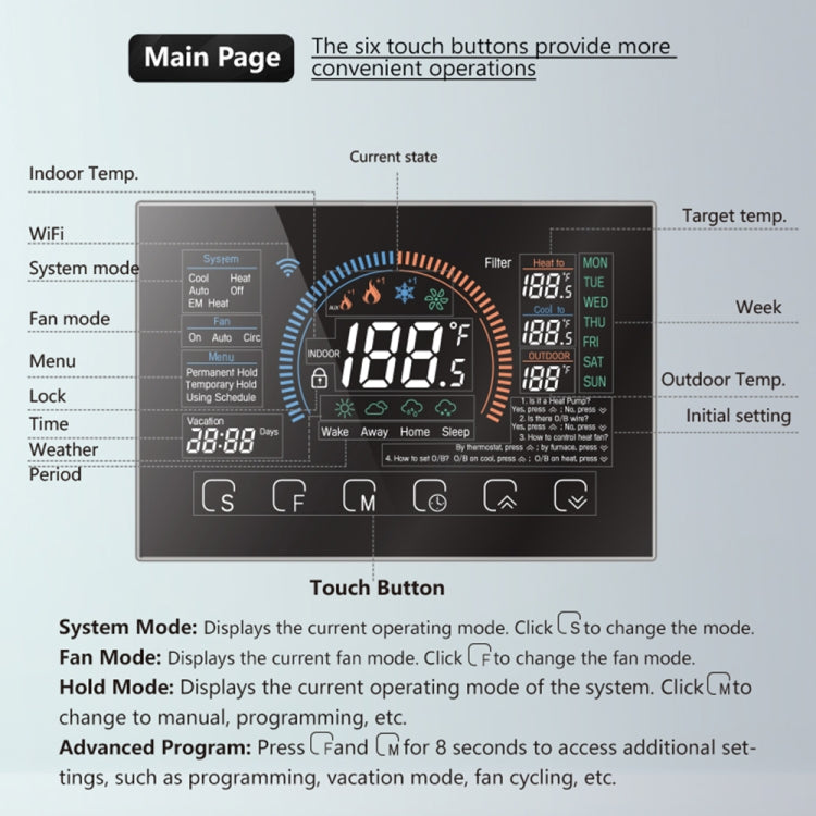 BHP-8000-SS 3H2C Termostato per pompa di calore per casa intelligente, con alloggiamento a specchio spazzolato per ambienti rotondi, senza WiFi, CA 24 V, without WiFi