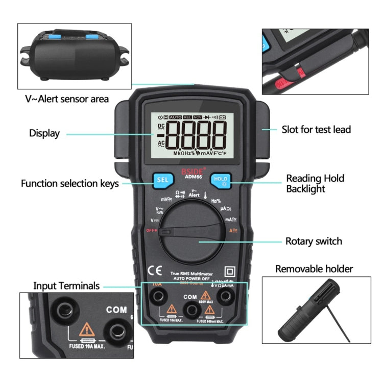 BSIDE ADM66 Multimetro portatile per uso domestico con condensatore di tensione corrente CA/CC da 6000 conteggi con retroilluminazione LCD e funzione slot per scheda