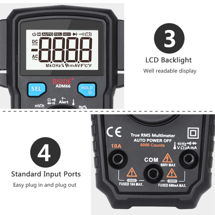 BSIDE ADM66 6000 Counts AC/DC Current Voltage Capacitor Household Portable Multimeter with LCD Backlight and Card Slot Function