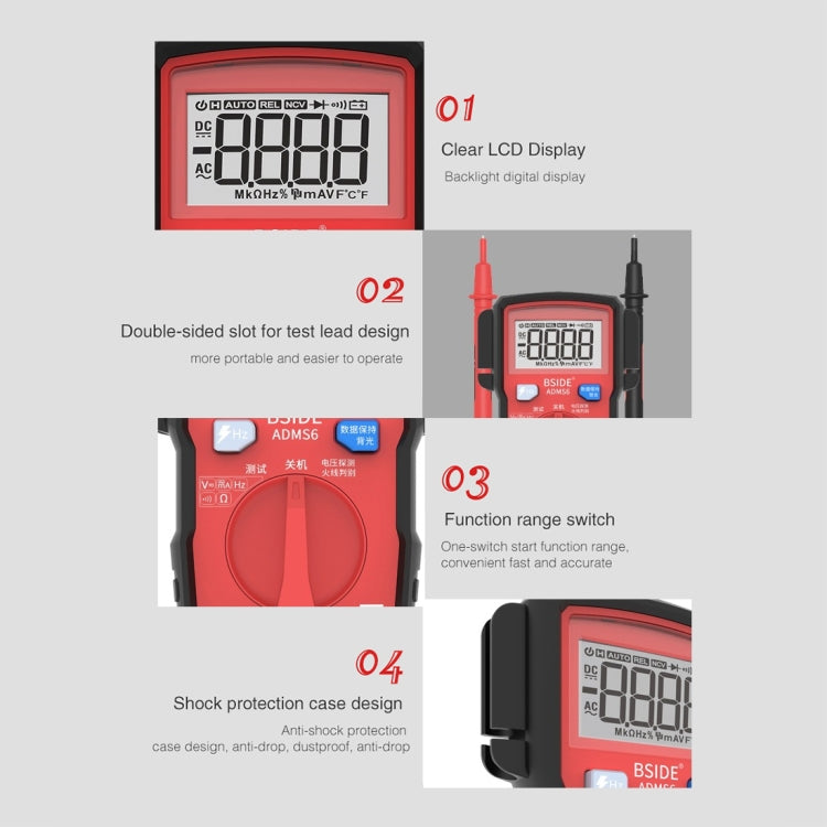 BSIDE ADMS6 Small Size Fully Automatic High Precision Intelligent Digital Multimeter with HD Digital Display and Shockproof Cover, Support Function Range Switch and Pen Holder on Both Sides