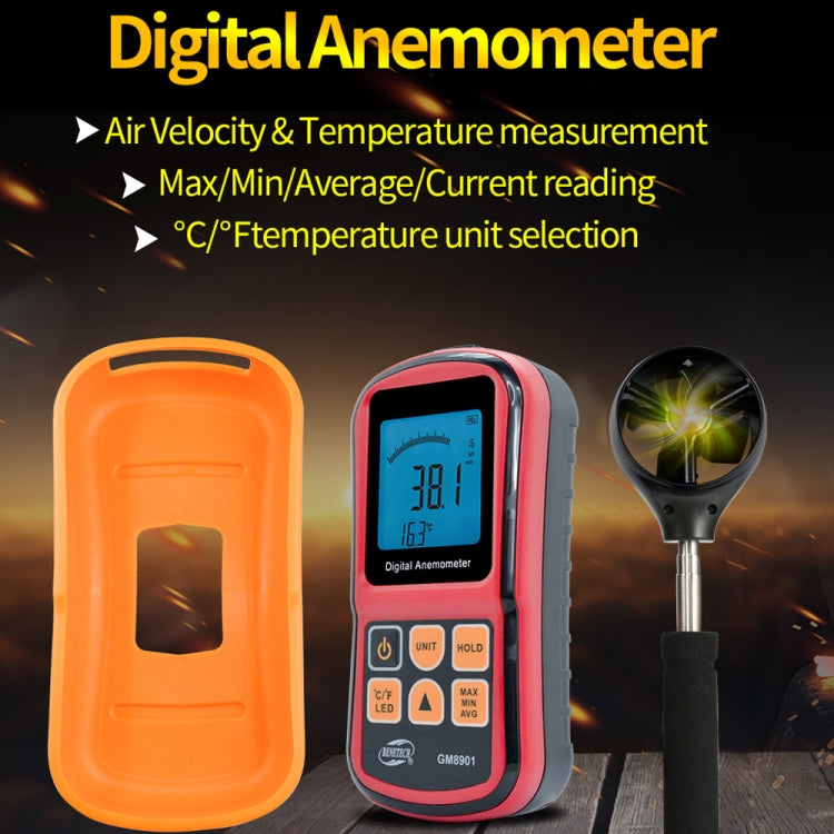 BENETECH GM8901+ Anemometro ad alta precisione Indicatore di velocità del vento Misuratore di temperatura Display LCD digitale Strumento di misurazione del misuratore, GM8901+