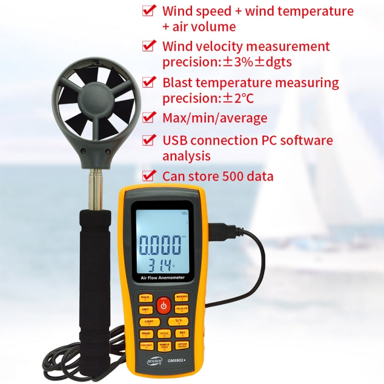 BENETECH GM8902+ LCD Display Digital Anemometer Air Flow Wind Speed ​​Meter, GM8902+