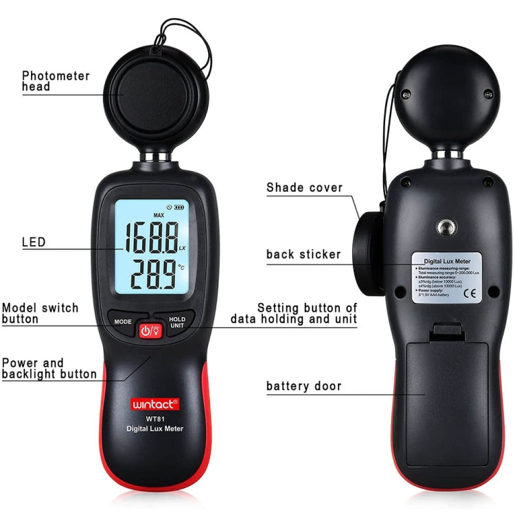 Wintact WT81 Digital Lux Meter for Various Occasions in Factory/School/Home, Range: 0-200,000 Lux