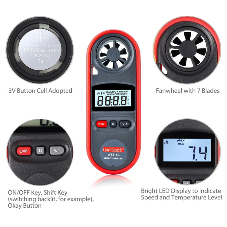 Wintact WT816A Digital Electronic Thermometer Anemometer, WT816A