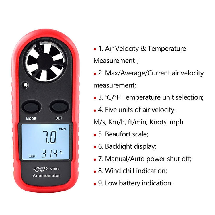 Anemometro termometro elettronico digitale Wintact WT816, WT816