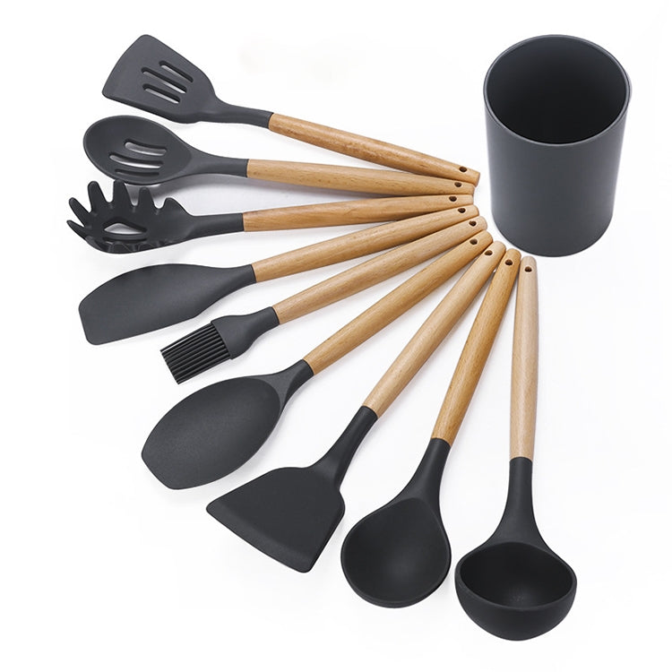 kn082 Set di utensili da cucina in silicone con manico in legno 9 in 1 con secchio portaoggetti, Black, Pink, Green