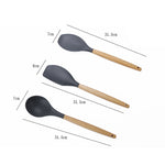 kn082 Set di utensili da cucina in silicone con manico in legno 9 in 1 con secchio portaoggetti, Black, Pink, Green