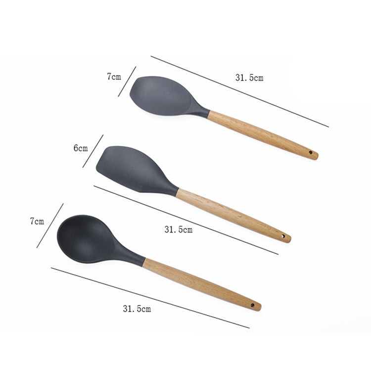 kn082 Set di utensili da cucina in silicone con manico in legno 9 in 1 con secchio portaoggetti, Black, Pink, Green
