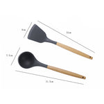 kn082 Set di utensili da cucina in silicone con manico in legno 9 in 1 con secchio portaoggetti, Black, Pink, Green
