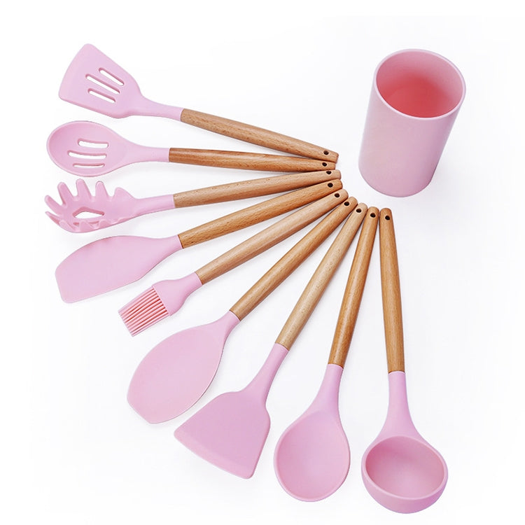 kn082 Set di utensili da cucina in silicone con manico in legno 9 in 1 con secchio portaoggetti, Black, Pink, Green