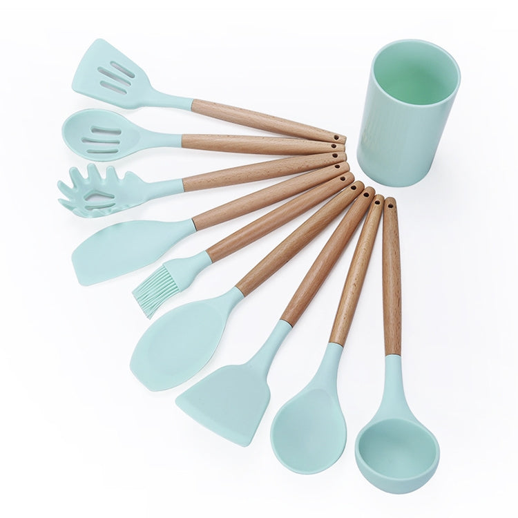 kn082 Set di utensili da cucina in silicone con manico in legno 9 in 1 con secchio portaoggetti, Black, Pink, Green