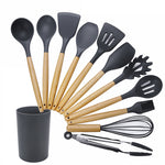 kn082 Set di utensili da cucina in silicone con manico in legno 11 in 1 con secchio portaoggetti, Black, Pink, Green