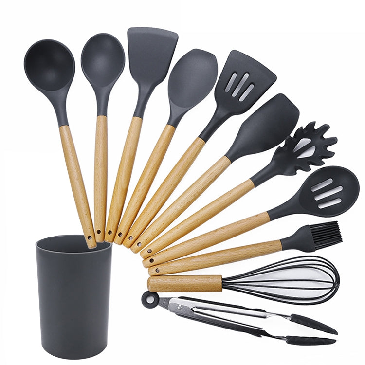 kn082 Set di utensili da cucina in silicone con manico in legno 11 in 1 con secchio portaoggetti, Black, Pink, Green