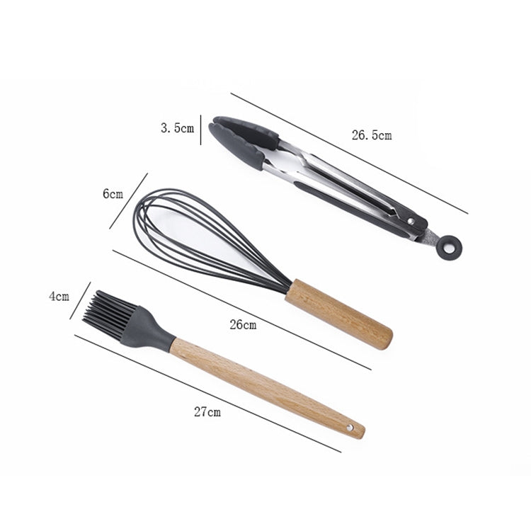 kn082 Set di utensili da cucina in silicone con manico in legno 11 in 1 con secchio portaoggetti, Black, Pink, Green