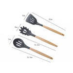 kn082 Set di utensili da cucina in silicone con manico in legno 11 in 1 con secchio portaoggetti, Black, Pink, Green