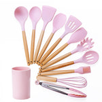 kn082 Set di utensili da cucina in silicone con manico in legno 11 in 1 con secchio portaoggetti, Black, Pink, Green