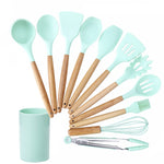 kn082 Set di utensili da cucina in silicone con manico in legno 11 in 1 con secchio portaoggetti, Black, Pink, Green