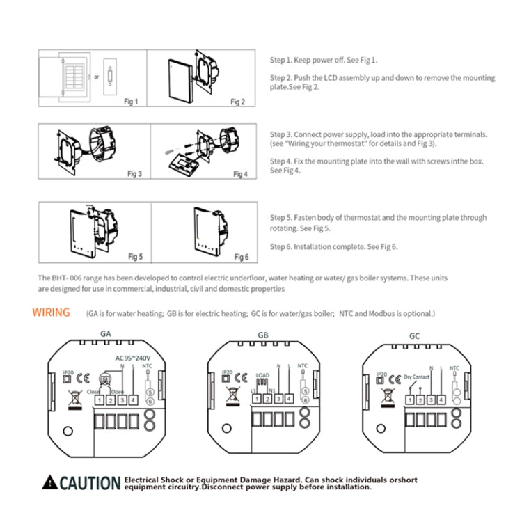 BHT-006GALW Smart Home Heating Thermostat 95-240V AC 5A for EU Box, Water Heating Control with Only Indoor Sensor and WiFi Connection, BHT-006GALW