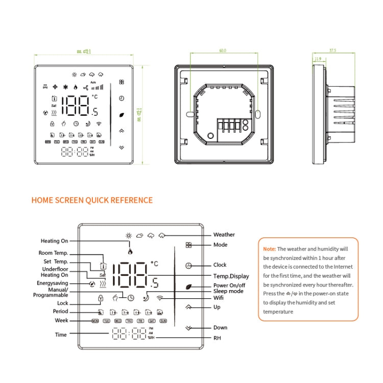 BHT-006GBLW Termostato per riscaldamento domestico intelligente 95-240 V CA 16 A per scatola UE, controllo del riscaldamento elettrico con solo sensore interno e sensore esterno e connessione WiFi, BHT-006GBLW