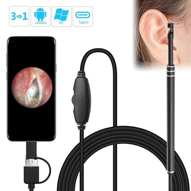 i96 3 in 1 USB Ear Scope Ispezione HD 0,3 MP Cucchiaio auricolare visivo per telefoni Android OTG e PC e MacBook, cavo lungo 1,85 m, 3 in 1 Black  0.3MP