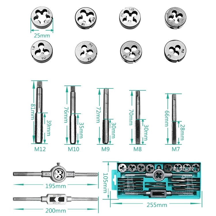 Set di combinazioni di maschi e matrici multi-specifiche da 20 pezzi. Chiave per maschiatura metrica manuale, argano, 20 PCS