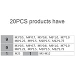 Set di combinazioni di maschi e matrici multi-specifiche da 20 pezzi. Chiave per maschiatura metrica manuale, argano, 20 PCS