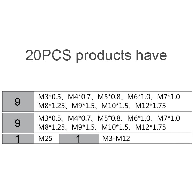 Set di combinazioni di maschi e matrici multi-specifiche da 20 pezzi. Chiave per maschiatura metrica manuale, argano, 20 PCS