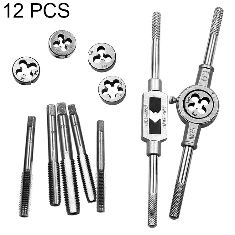 Set di combinazioni di maschi e matrici multi-specifiche da 12 pezzi. Chiave per maschiatura metrica manuale, argano, 12 PCS