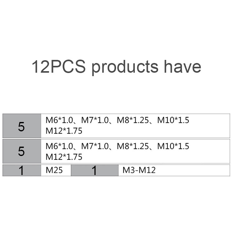 Set di combinazioni di maschi e matrici multi-specifiche da 12 pezzi. Chiave per maschiatura metrica manuale, argano, 12 PCS