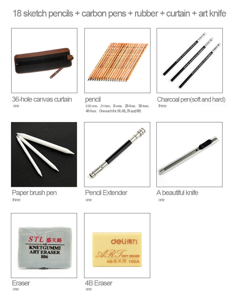 Strumenti per schizzi per principianti (18 matite per schizzi + matita carboncino + gomme + tenda per penna + coltello artistico) Set per schizzi, Sketching Set