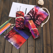 Astuccio per penne con stampa albero del tramonto a 48 slot, astuccio per matite in tela, astuccio arrotolabile per cancelleria, 48 Slots