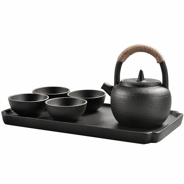 Set di tazze da tè teiera con manico ad anello in ceramica da viaggio portatile con vassoio da tè, with Tea Tray (Black), with Tea Tray (White)