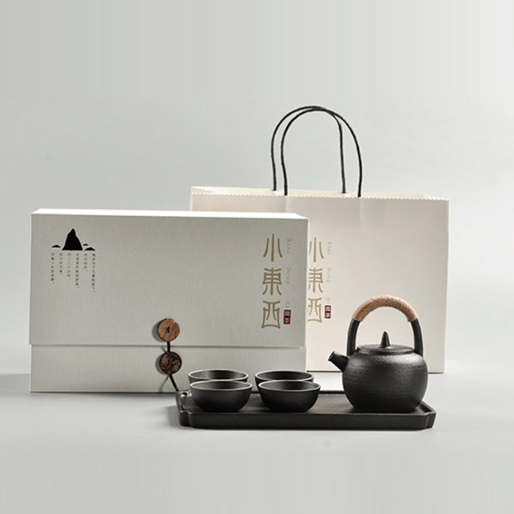 Set di tazze da tè teiera con manico ad anello in ceramica da viaggio portatile con vassoio da tè, with Tea Tray (Black), with Tea Tray (White)