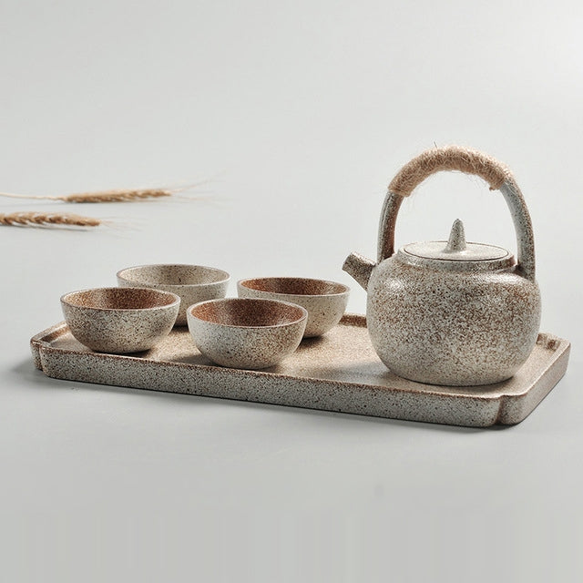 Set di tazze da tè teiera con manico ad anello in ceramica da viaggio portatile con vassoio da tè, with Tea Tray (Black), with Tea Tray (White)